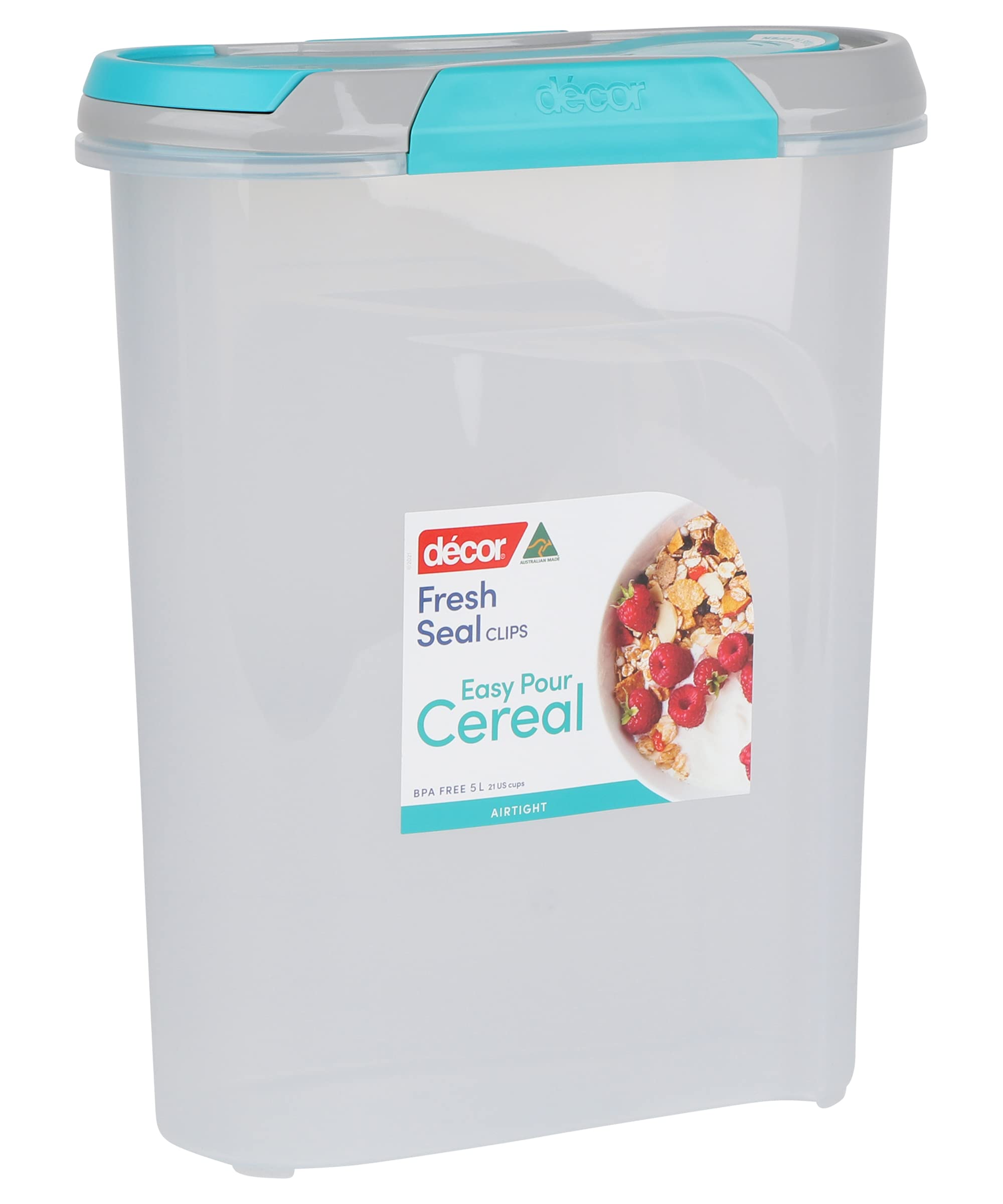 Décor Silicone Plastic Cereal Storage Dispenser Large Airtight Container with Fresh Seal Clips , 5L Capacity, Blue
