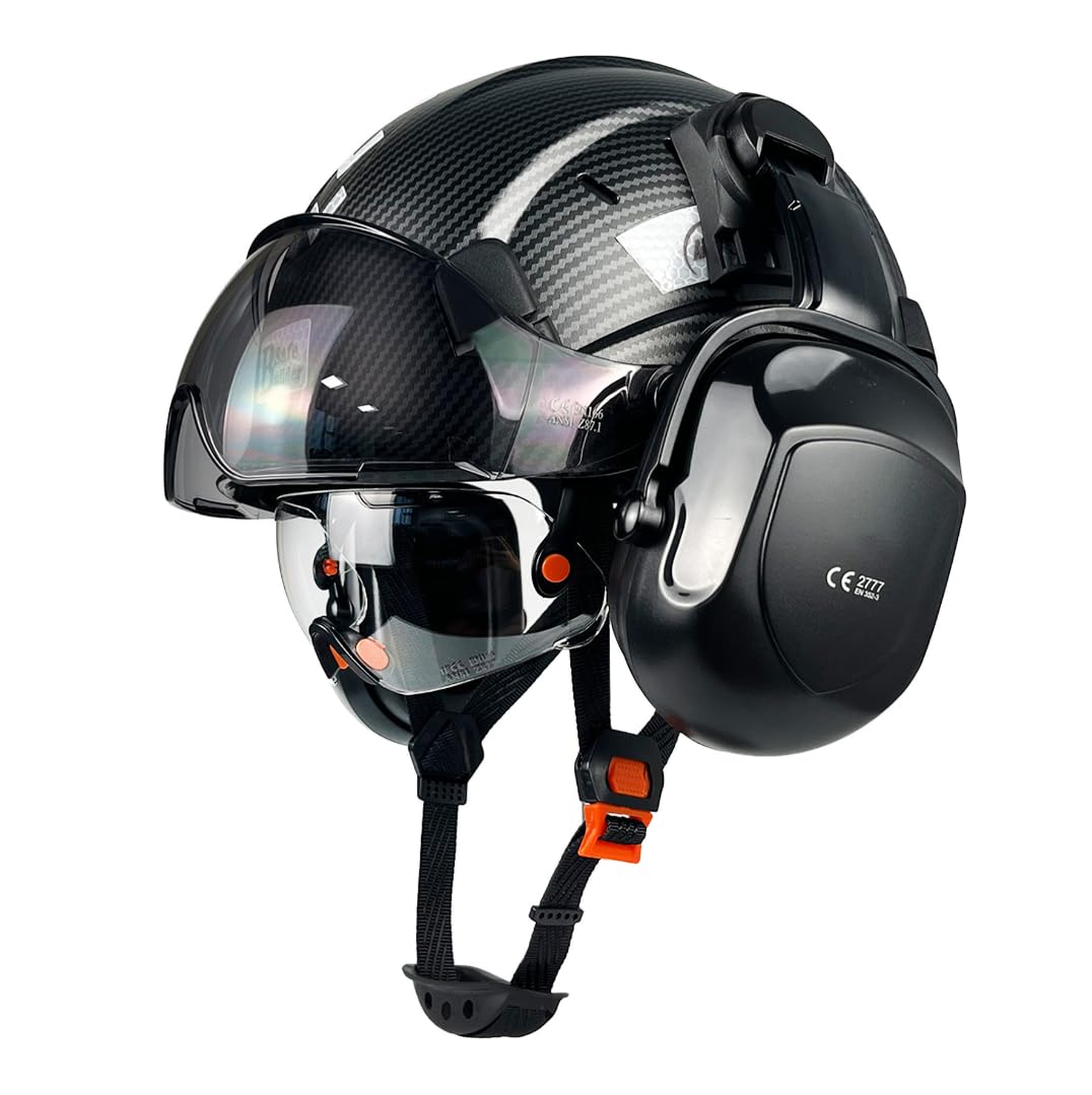 HaoYiShang Carbon Fiber Industrial Safety Helmet With Double Goggles Visor Ear defenders Muffs Work Hight ABS Safety Hard Hats Vented hardhat Industrial hard hat Construction Head Protection