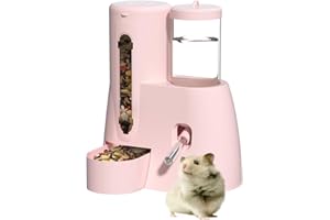 SQUSIMEI 2 in 1 Hamster Water Bottle - Automatic Food Bowl, No Drip Small Animal Water Bottle Dispenser, for Syrian Dwarf Hamsters, Gerbils, Mouse, Hedgehog, Hamster Cage Accessories (Pink, Large)