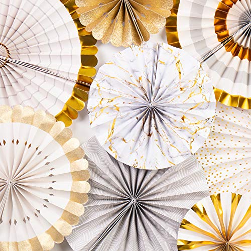 PapaKit Origami Wall Decoration Set (8 Assorted Round Paper Fans) Birthday Party Baby Shower Wedding Events Decor | Creative Art Design Pattern (Ivory & Marble with Metallic Gold Accent, 8 Piece Set) - Thumbnail 2