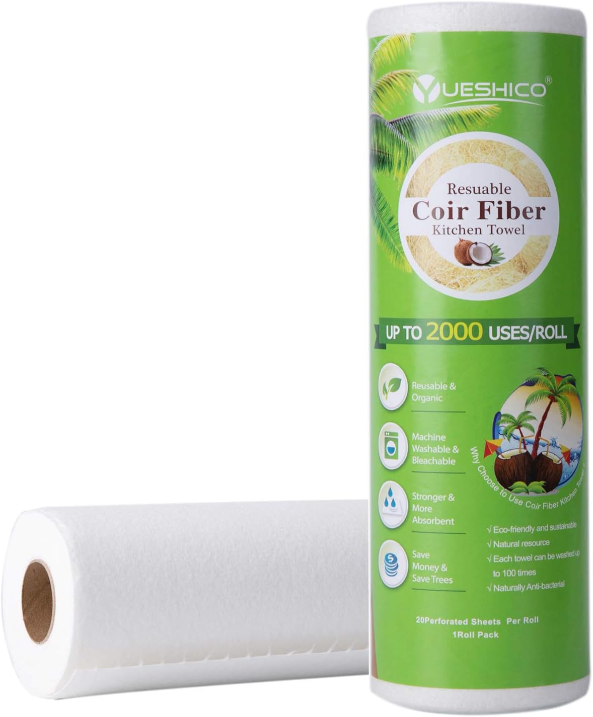 YUESHICO Reusable Paper Towels - Sustainable Coir Fiber Unpaper Towels - Organic Super Strong Durable and Absorbent Washable Kitchen Paper Towels - Eco Friendly, Biodegradable - 1 Rolls, 20 Sheets