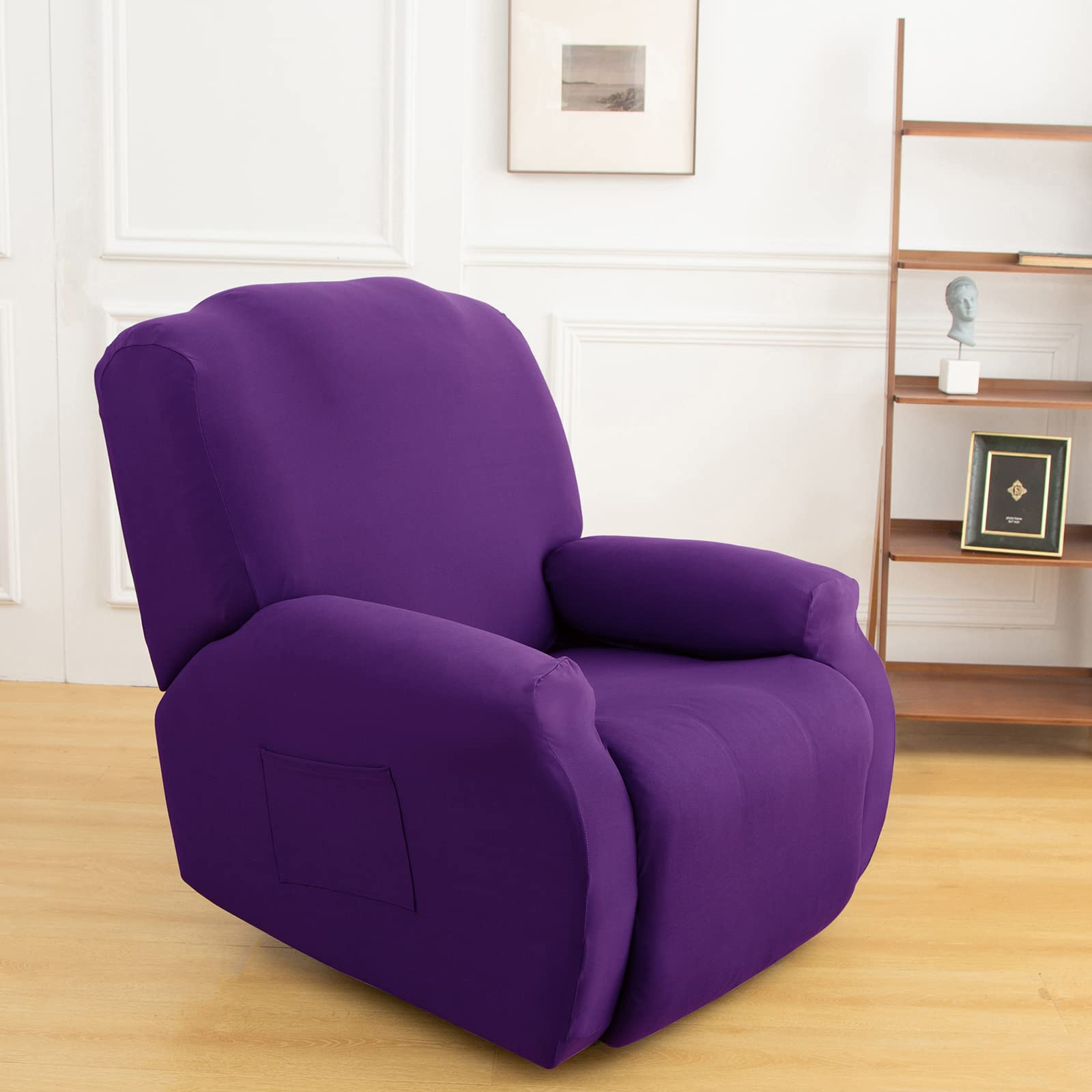 Stretch Recliner Chair Cover,4-Pieces Sofa Cover Slipcover Couch Covers,Armchair Cover Non-Slip Furniture Protector,Elastic Spandex Soft Recliner Chair Protector with Side Pocket(1 Seater Purple)