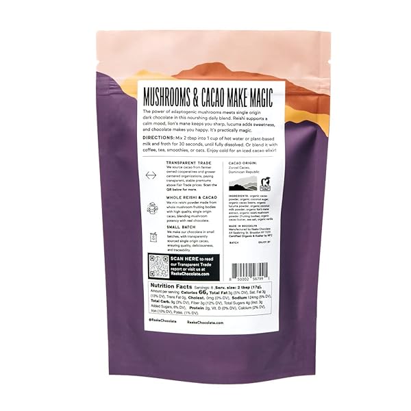 RAAKA COCOA MAGIC MUSHROOM HOT CHOCOLATE BLEND WITH LION’S MANE, REISHI AND LUCUMA – GOURMET ADAPTOGENIC MUSHROOM HOT CHOCOLATE – ORGANIC, VEGAN, LOW SUGAR, GLUTEN FREE, KOSHER – 5 OZ. BAG (8 SERVINGS)