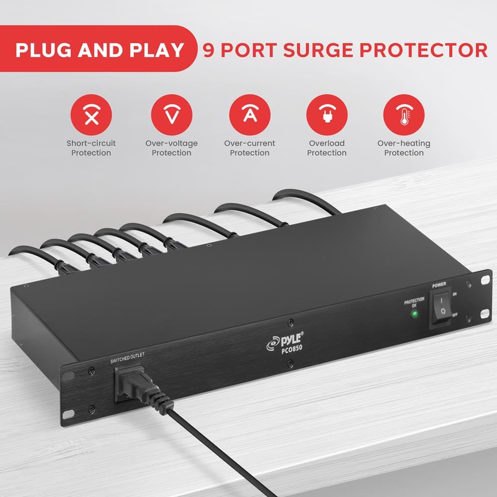 Pyle 150J Surge Protector Power Strip - 9 Outlet - 15 Amp - 1U Rack Mount with AC Filter - Heavy Duty Extension Cord - Overload Protection for Home/Office/Server Use - PCO850