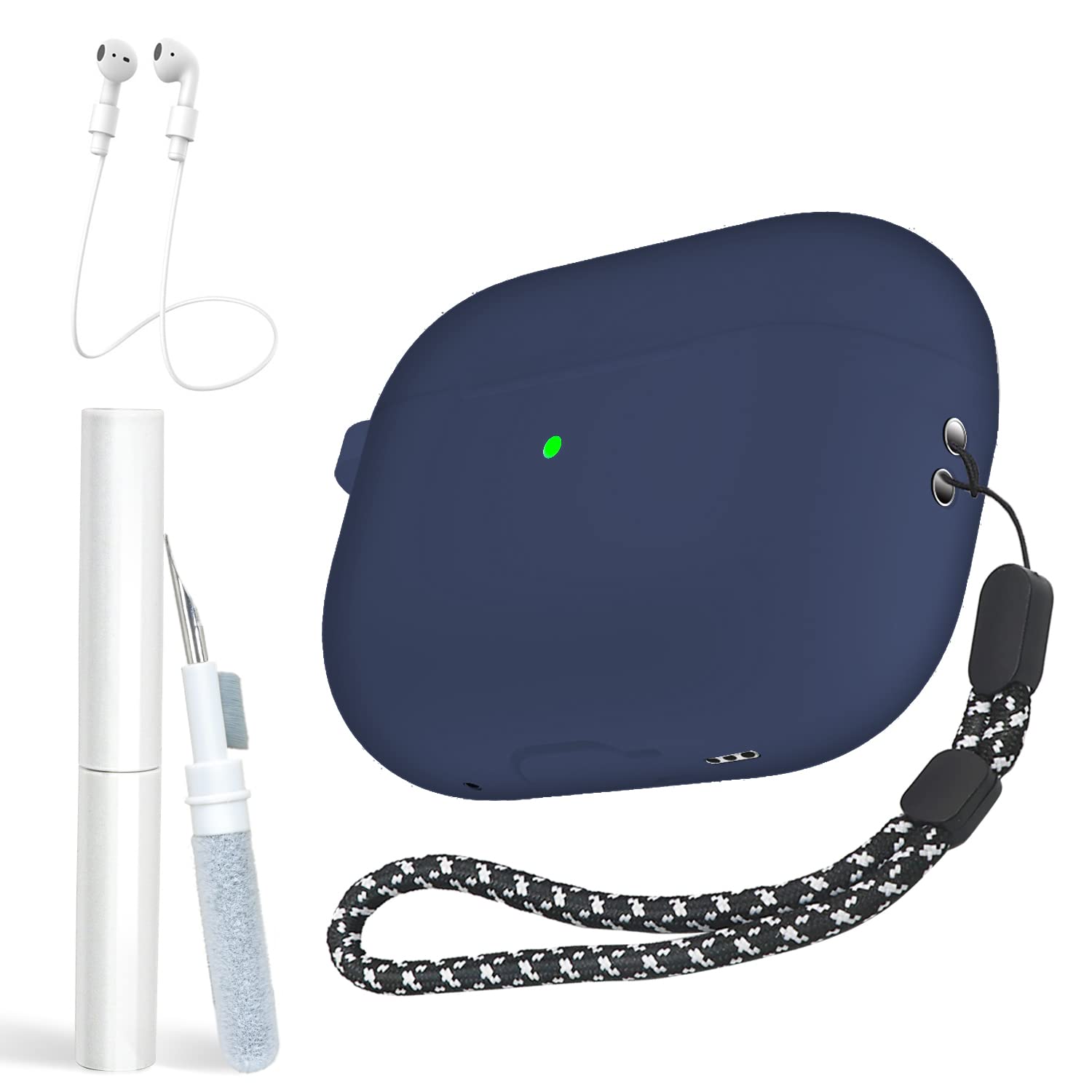 Blue Silicone Case for Airpods Pro 2nd Generation [Supports Wireless Charging],Airpod Pro 2 Gen Cover 2022 with Headphone Cover Lanyard,Bluetooth Earbuds Cleaning Pen & Anti-loss Strap