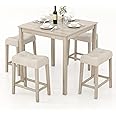 COSTWAY 5-Piece Bar Table Set, Square Breakfast Set for 4 w/Padded Stools, Small Kitchen Table Set w/Rubber Wood Legs, Space-Saving Dining Table Set for Living Room, Kitchen, Small Space