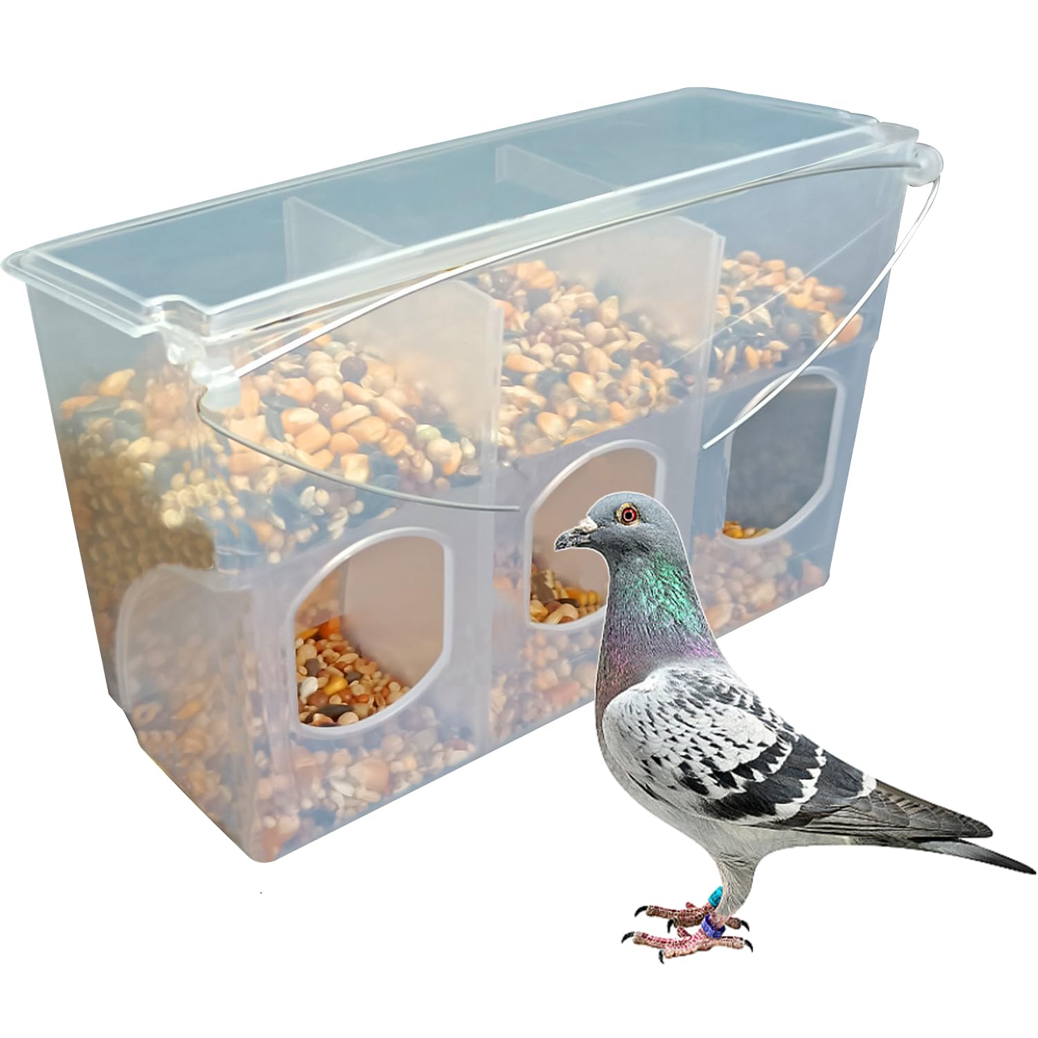 Photo 1 of Automatic Pigeon Bird Feeder Water, Plastic Feeder Water Dispenser Drinkers for Cage, No Mess Hanging Parrot Food Feeding, Cage Accessories for Parakeet Quail Bird Chicken (3 Hole - Iron Wire)