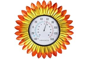 VEWOGIFT VEWOGITF Outdoor Thermometer, Metal Wall Themometer No Need Battery, Yellow Flower Indoor Thermometer with Large Number for Patio Room Decor