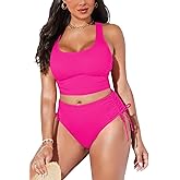 Pink Queen Women Racerback Ruched Crop Top High Waisted Bikini Sets 2 Piece Swimsuit Bathing Suit 2026