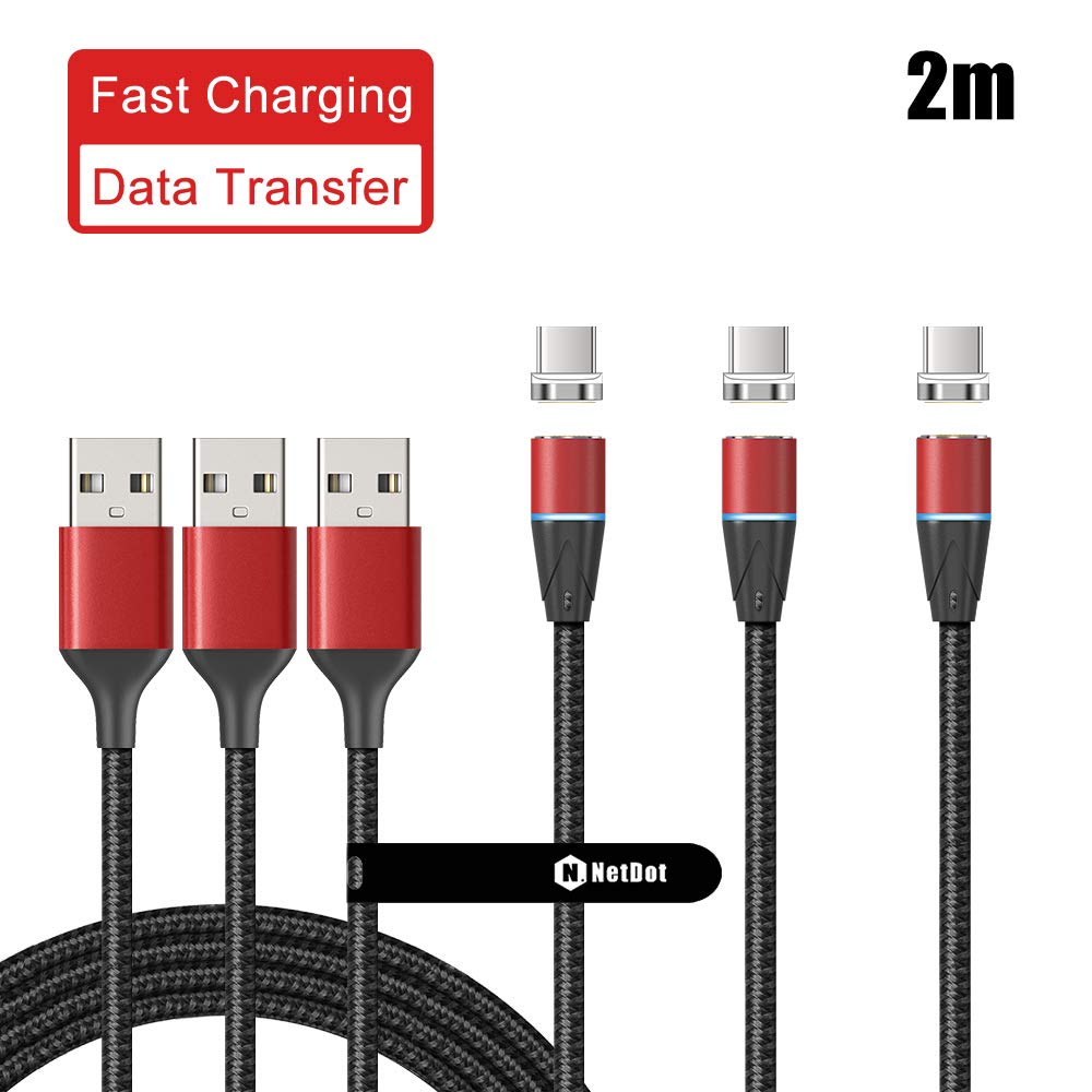 NetDot 12th Generation USB-C Magnetic Cable,Fast Charging and Data Transfer for Type-C Smartphones Sumsung S10/9/8/Note9,LG,Sony Xperia,Google Pixel and more(2m/3 pack red)