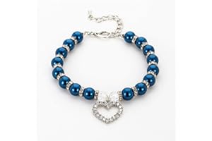 Dogs Kingdom Fancy Crystal Heart Pet Cat Dog Necklace Bling Pearls Rhinestones Charm for Pet Cat Small Dog Puppy Chihuahua Yorkie Girl Costume Outfits,Dark Blue,S:8-10" Neck