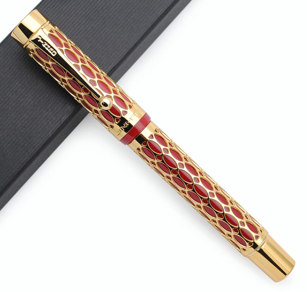 JINHAO 100 Fountain Pen Metal and Resin Grid Skeleton Writing Pen with Converter (Medium Nib, B-Red)