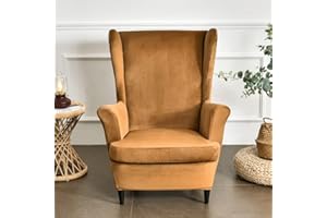 MIFXIN Wing Chair Slipcover 2 Piece Set Velvet Stretch Wingback Chair Cover with Cushion Cover Soft Washable Armchair Furniture Protector for Living Room Bedroom (Camel)