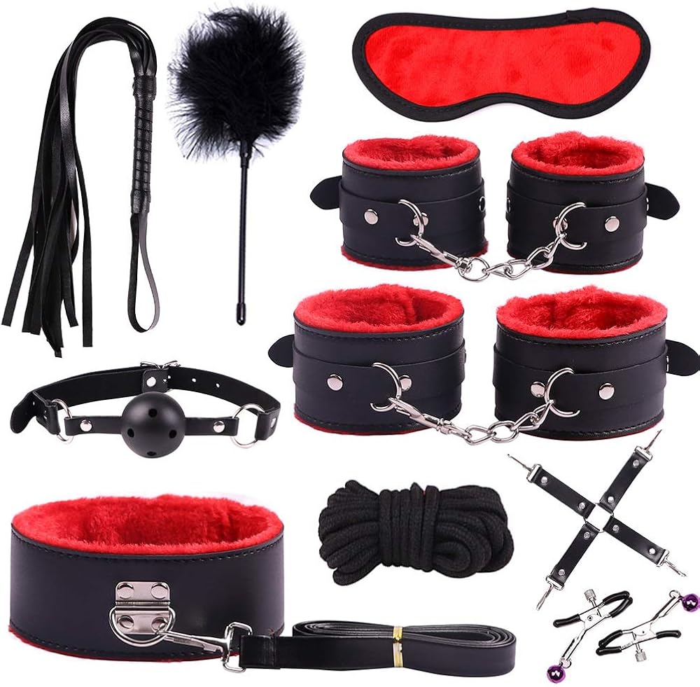 Xinyanmy 10 Sets Pu Leather Plush Bed Handcuffs Leather Harness Whip Eye Mask Necklace Ankle Cuffs Women Straps Special Bundled Binding Adult Toys SM Kit for Couples (Red)