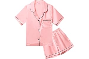 QPANCY Kids Satin Pajamas Sets Baby Boy Girl Button-Down Silk Sleepwear 2 Piece Short Sleeve Loungewear Clothes Set