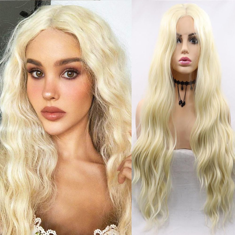 Xiweiya Long Blonde Wavy Wig #613 Blonde Color Curly Golden Synthetic Lace Front Wigs Middle Part Wig Long Soft Wavy Wig Hair Replacement Wig for Women, Drag Queen Makeup 24 inch