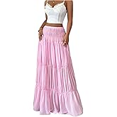 OYOANGLE Women's Tiered Maxi Skirt Elastic Waist Swing Flowy Ruffle A Line Beach Boho Skirts