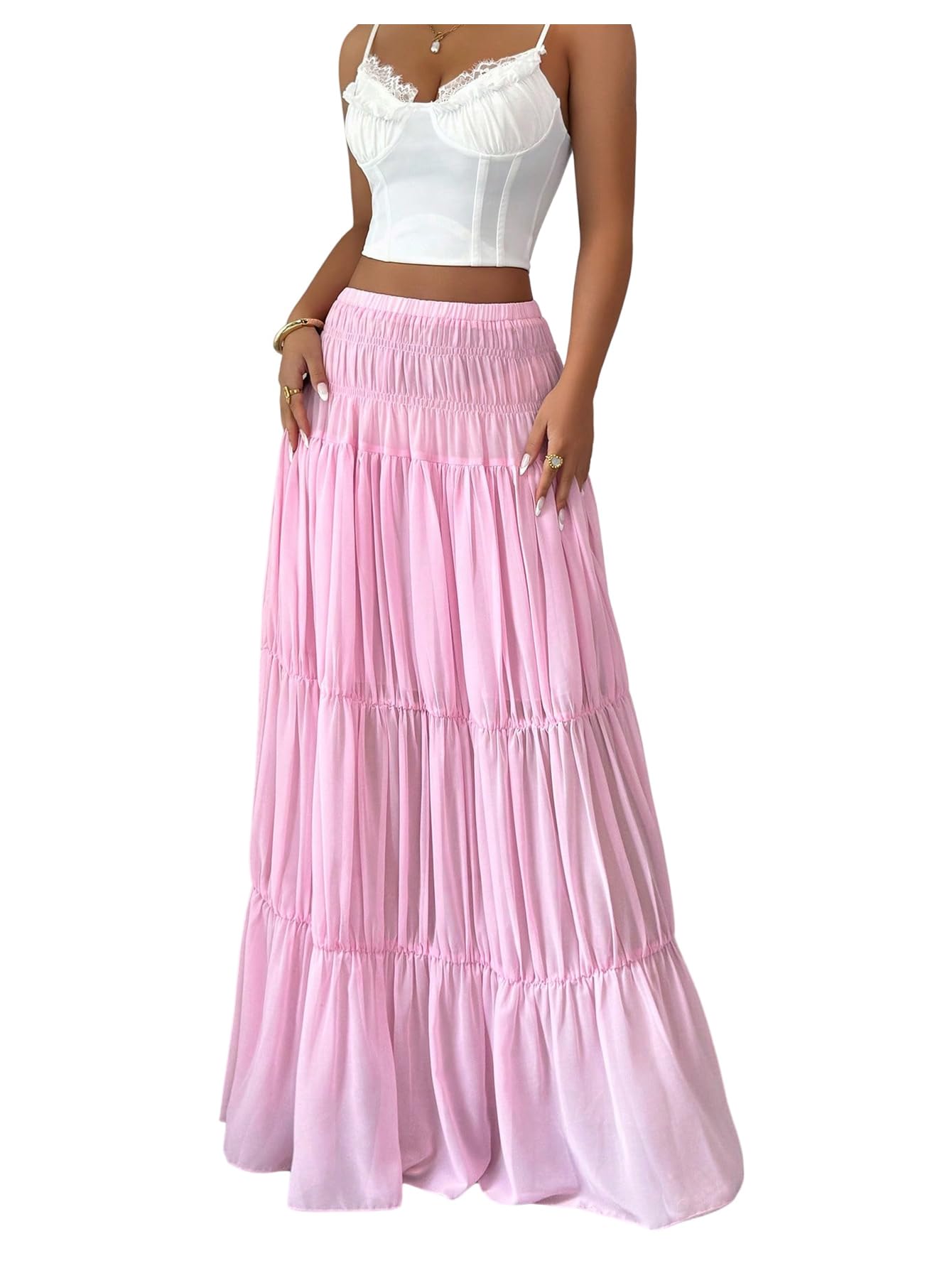 Photo 1 of OYOANGLE Women's Tiered Maxi Skirt Elastic Waist Swing Flowy Ruffle A Line Beach Boho Skirts Pink Small