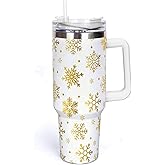 Whaline 40oz Christmas Tumbler with Handle Straw and Lid White Gold Snowflake Travel Tumbler Coffee Cup for Xmas Winter Holiday Party Home Office