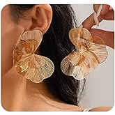 Gold Statement Flower Drop Earrings,Boho Big Floral Stud Earrings for Women Cute Hollow Filigree Petal Dangle Earring,Trendy Jewelry Accessories Gifts