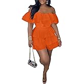 LAJIOJIO Romper for Women Sexy Off the Shoulder Ruffle Hem Pleated Short Jumpsuits