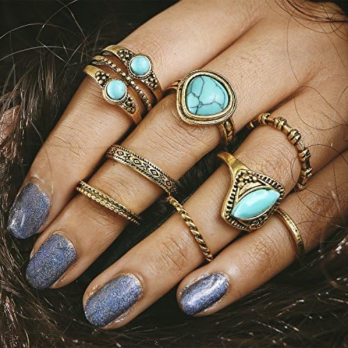 Setita 8 Pieces Golden Retro Turkish Arrow Moon Turquoise Joint Knuckle Nail Midi Ring Set Boho Ring Set