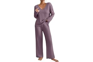 TIGENA 2 Piece Outfits for Women Knit Sweater Long Sleeve Crewneck Tops and Wide Leg Pants 2024 Ribbed Fall Lounge Set