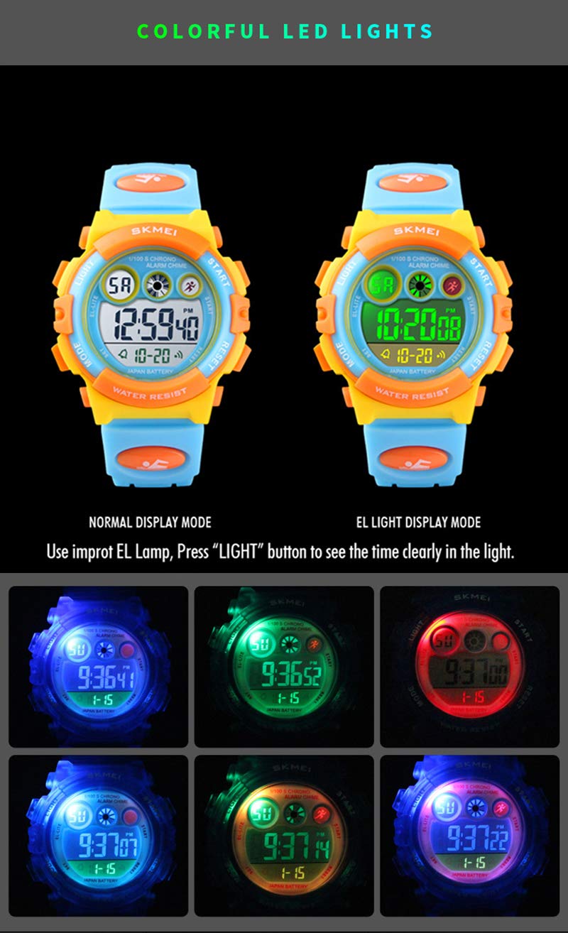 Tonnier Watch Kids Sports Watch Multi Function Digital Watches Colorful LED Display Waterproof Wristwatches for Children with PU Band
