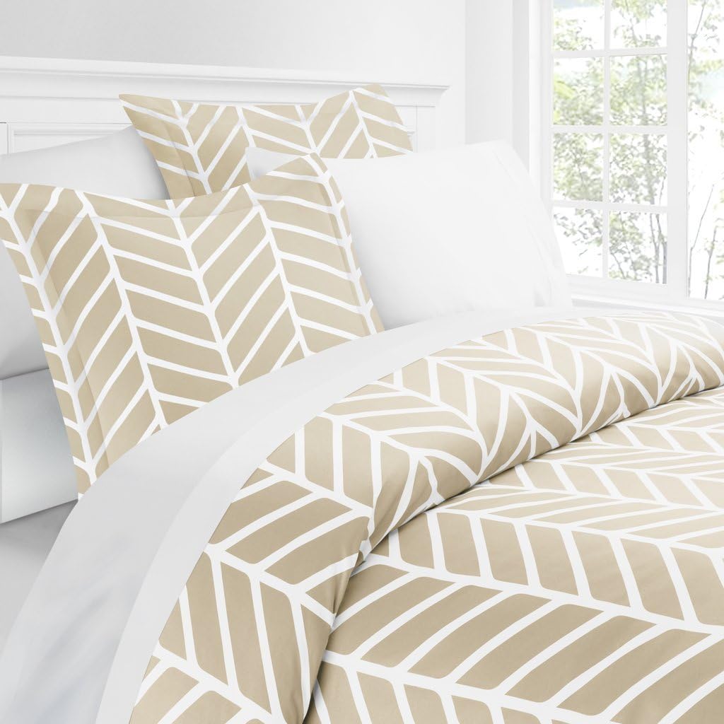 Italian Luxury Herringbone Pattern Duvet Cover Set - 3-Piece Ultra Soft Double Brushed Microfiber Printed Cover with Shams - Full/Queen - Cream/White