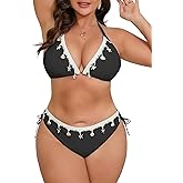 B2prity Plus Size Bikini Sets for Women Halter Triangle Two Piece Swimsuit V Neck Tie Back Bathing Suit Shell Swimwear