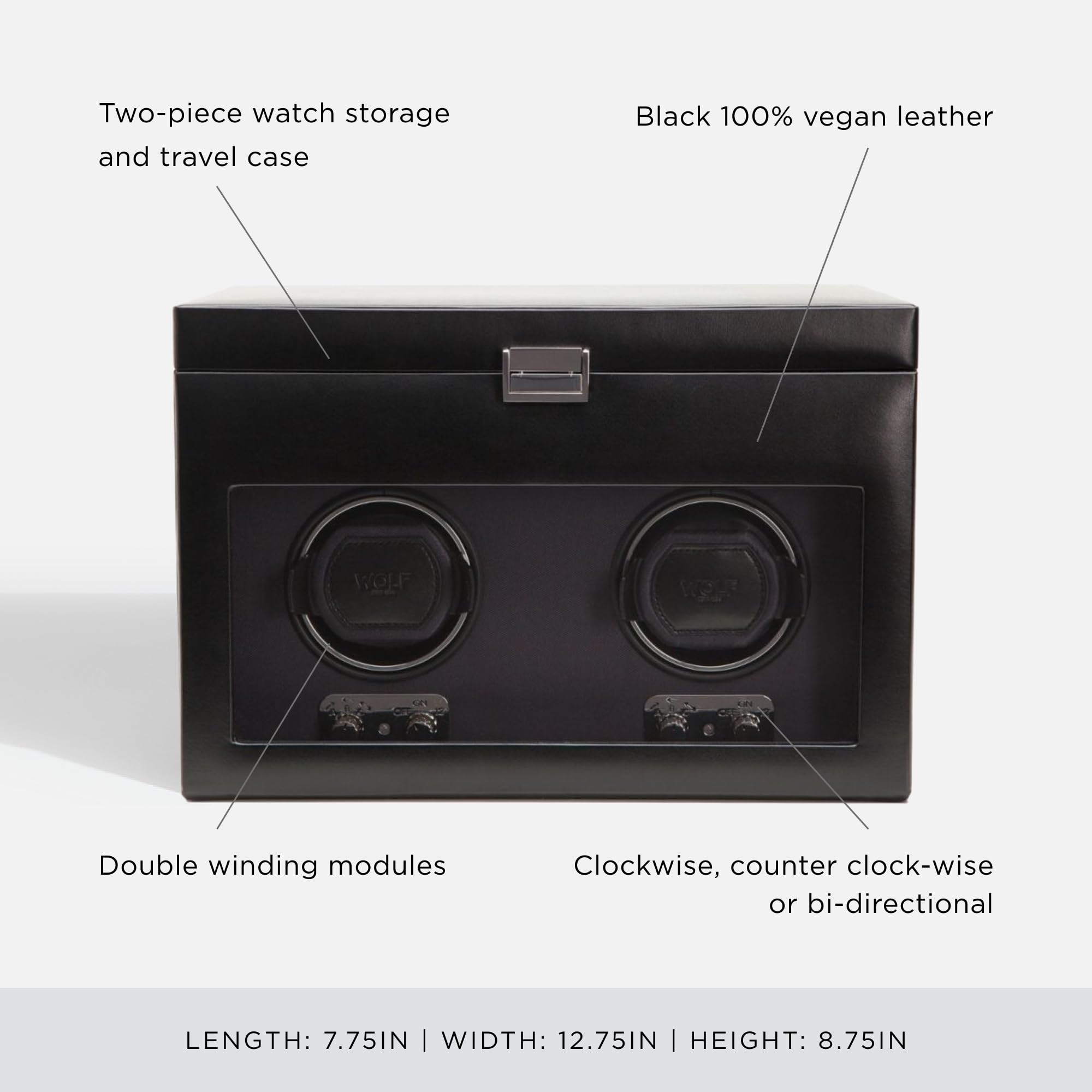 WOLF Heritage Double Winder with Storage, Black - Secure Fit with Patented Lock-In Dynamic Cuff - For Bigger, Heavier Watches - Vegan Leather & Glass Cover - Includes Universal Adapter