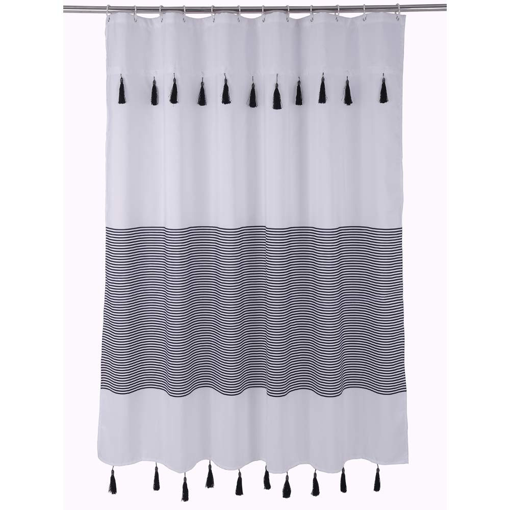 Moii Boho Tasseled Shower Curtain Ethnic Black Pomp Up Fringes