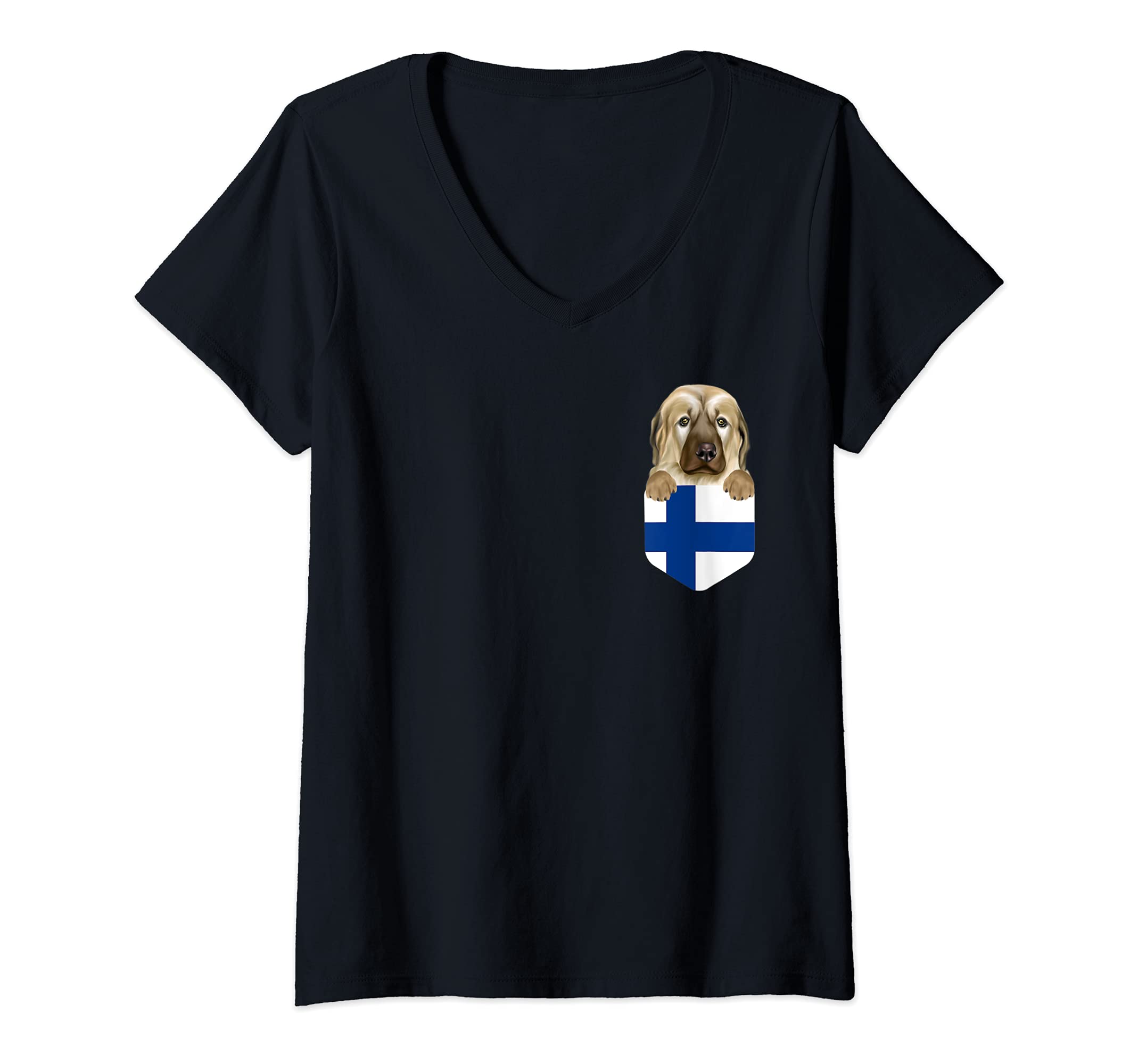 Womens Finland Flag Anatolian Shepherd Dog Dog In Pocket V-Neck T-Shirt