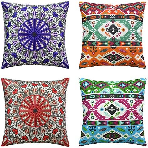 Seepong Mandala Cushion Cover Vintage Design Linen Pillow Case 4pcs Pillow Cover 18x18inch(45x45cm)