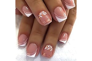 STBISEN French Press On Nails Short Square, Nude Fake Nails with White French Tip and Minimalist Purple and Gold Line Design, Glossy Gel Finish Acrylic Nails, Natural Reusable Glue On Nails Kit for Women