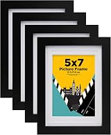 EGOFINE 7x5 Picture Frame Solid Wood Black 4 Pack with Mat 4x6 17.8x12.7cm