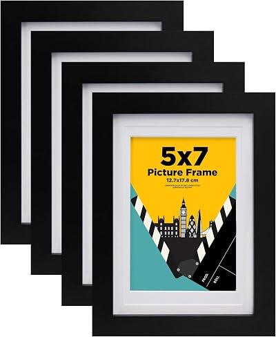 EGOFINE 7x5 Picture Frame Solid Wood Black 4 Pack with Mat 4x6 17.8x12.7cm