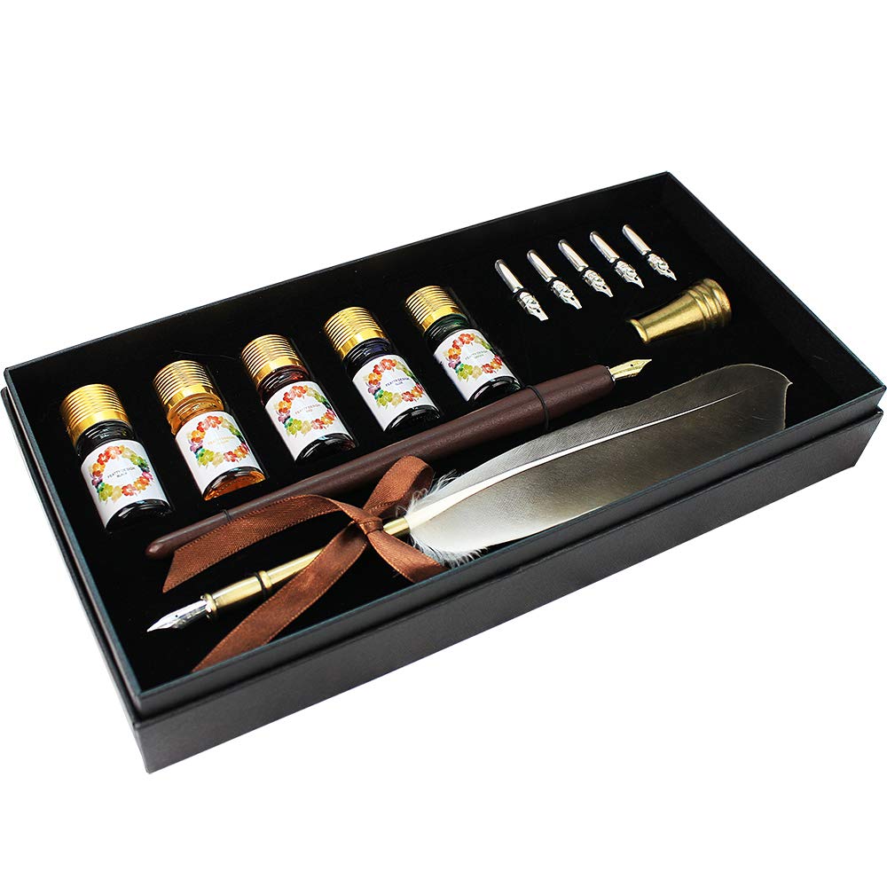 FEATTY Gifts Calligraphy Pen Set,12-Piece Kit, 5 NIB & 5 Ink Set,Writing Quill Pen,Anitque Dip Feather Pen Set (Wood+Feather)