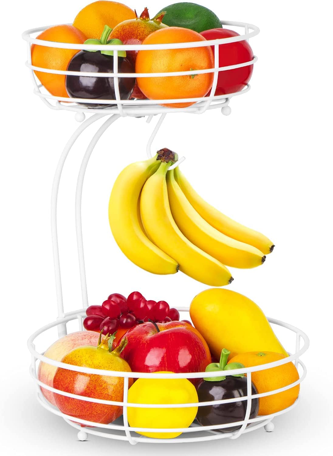 Mutool 2-Tier Fruit Basket and Vegetable Bowl with Banana Hanger - Metal Kitchen Countertop Storage Bowl for Snacks, Cupcakes (White)