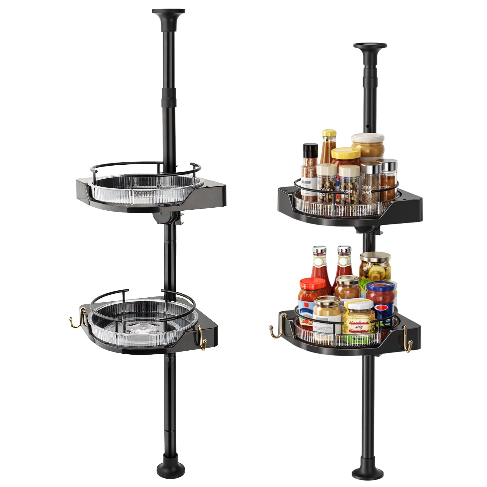 Photo 1 of 2-Tier Corner Spice Rack Organizer – 360° Rotatable, 19.68-43.5" Height Adjustable, 11LBS Load-Bearing with Hooks – Space-Saving for Kitchen Counter/Cabinet Gaps, Tame Seasoning Clutter (Black)