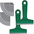 2pack 5.5 inches Industry Glass Scraper Scraping Hand Tool, T Shape Razor Blade Scraper with 20x Blades, Steel Scraping Knife for Window Stove Windshield Aquarium Tile Floor Wall Cleaning (Green)