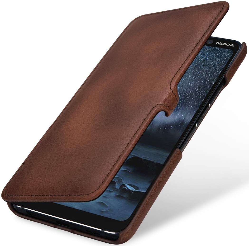 StilGut Genuine Leather Case Compatible with Nokia 9 PureView, Book Type Slim Flip Cover with Closure, Brown Antique