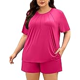 Elsameel 2 Piece Lounge Set Women Plus Size Pajamas Pleated Tops Shorts Set With Pockets PJs Summer Loungewear Sleepwear