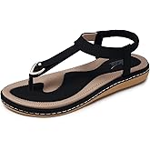 SHIBEVER Womens Sandals Summer Flat: Dressy Casual Flats Sandals - T-Strap Flip Flop Thong Sandals - Black Size 7 Comfy Walking