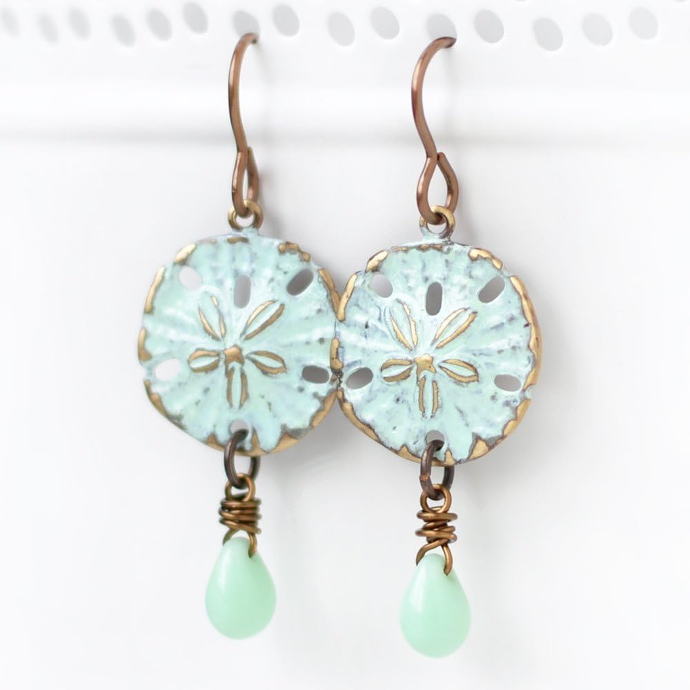 Aqua Green Brass Sand Dollar Earrings