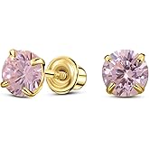 Solid 14K Gold Round Solitaire Simulated-Birthstone Minimalist Stud Earring with Comfort Screw Backing
