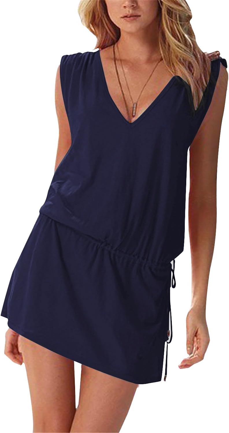 Aitos Womenโs Sleeveless Casual V-Neck Dress Loose Short T-Shirt Summer Mini Dress S-2XL