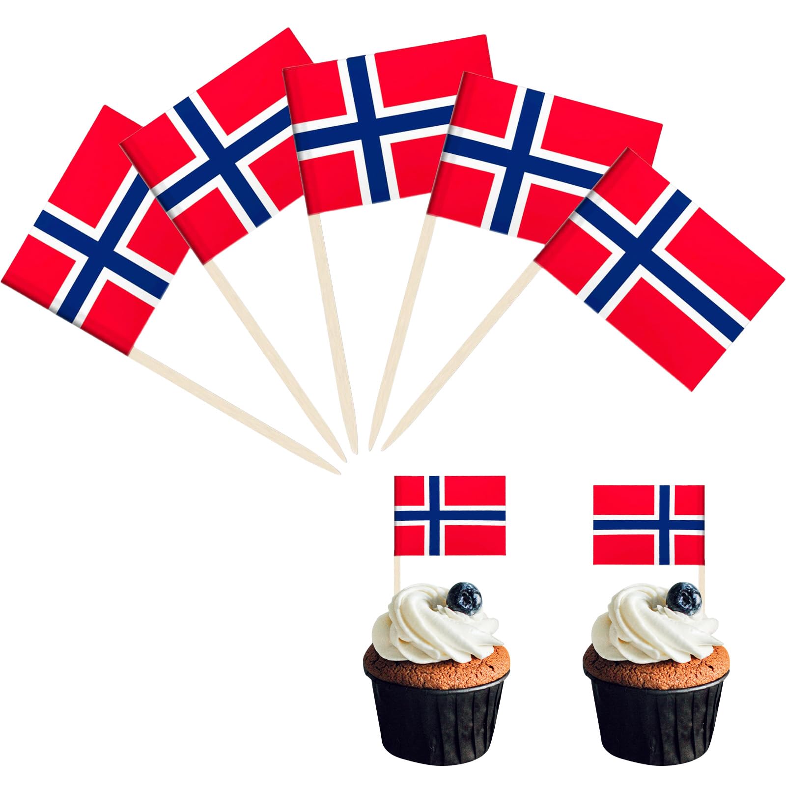 POPOYU 100Pcs Mini Norway Flag Toothpicks Cupcake Toppers,Norway Flags Cocktail Sticks Wooden Cake Toppers Sandwich Decorations for Eurovision Party,Euros Football Game,Olympics 2024 Decorations