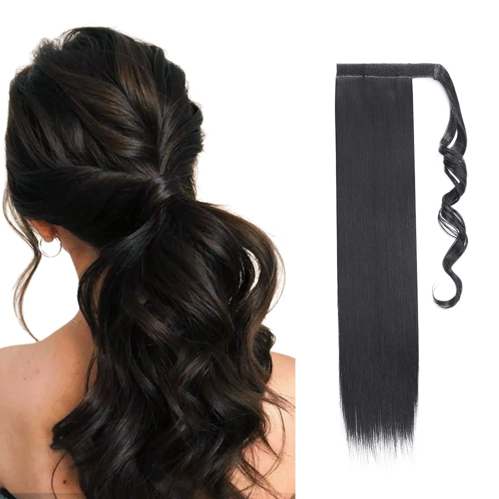 23" Long Straight Wrap Around Ponytail Clip in Hair Extensions One Piece Hairpiece Magic Tape in Pony Tail Extension for Women Dark Black