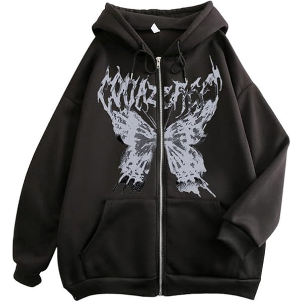 Men Women Goth Butterfly Zip Up Hoodie Y2K Skeleton Graphic
